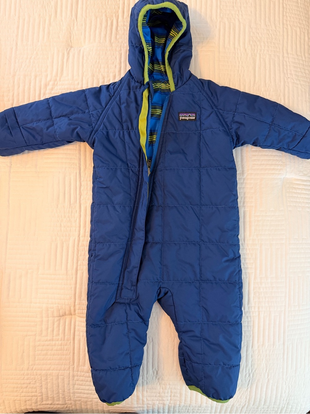 Patagonia Blue One-Piece Hooded Sleep Suit with Green Trim